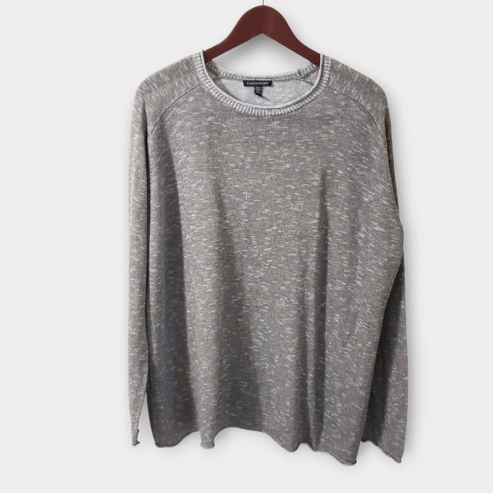 Eileen Fisher Organic Linen Cotton Grey Marl Knit Crewneck Sweater Medium